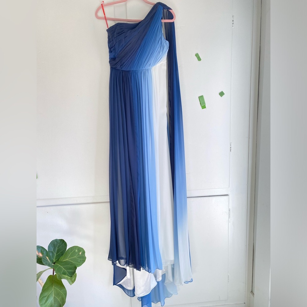 Monique Lhuillier Chiffon Blue Ombre Draped One-Shoulder Gown Prom Wedding Sz 8